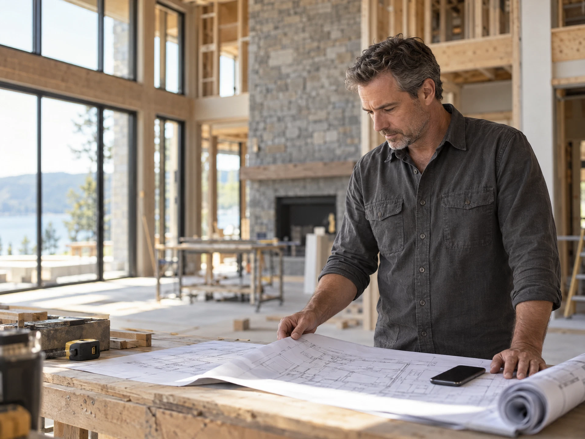 A contractor reviewing architectural plans in a custom home under construction